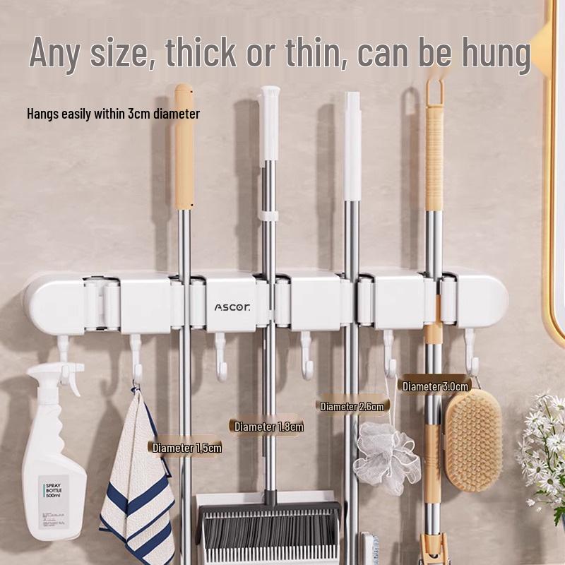 Wieszak ścienny na miotłę i mop: Rozwiązanie do zawieszania bez wiercenia na drzwiach łazienkowych lub toaletowych.