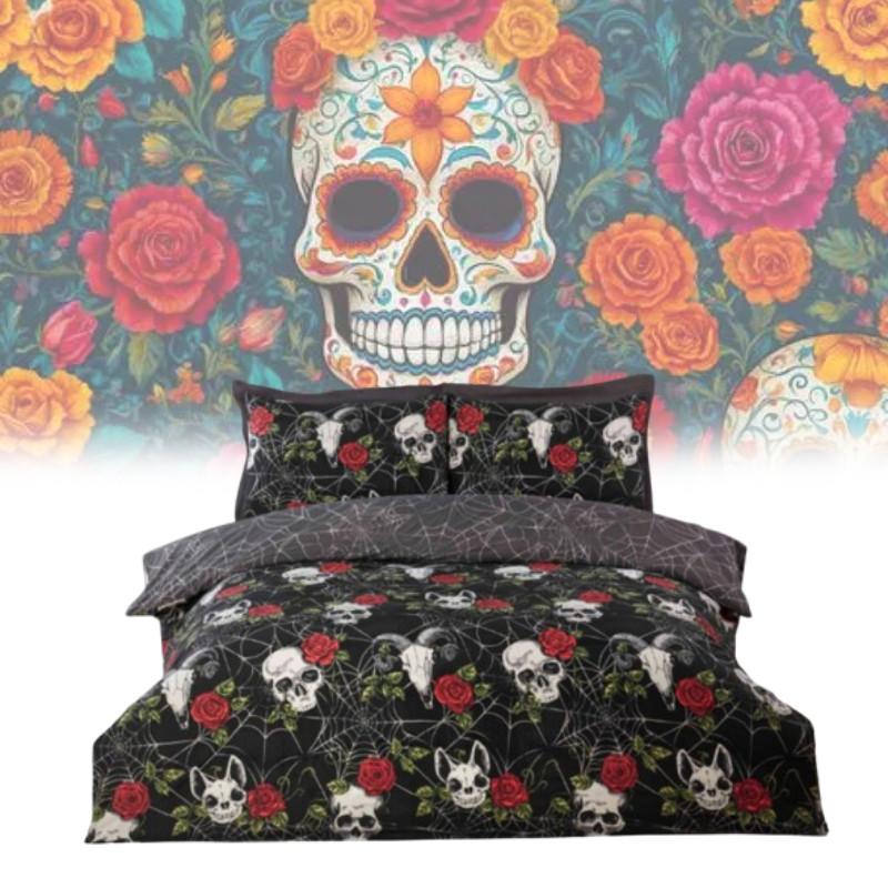 Halloween Totenkopf und Rose Wendbare Bettbezug-Set Mit Cartoon-Muster Für Schlafzimmer-Dekoration