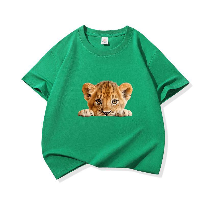 Kids Cotton T Shirt Cute Peeking Lion Cub Print Crew Neck Short Sleeve Tee Casual Breathable Boys Girls Summer Tops