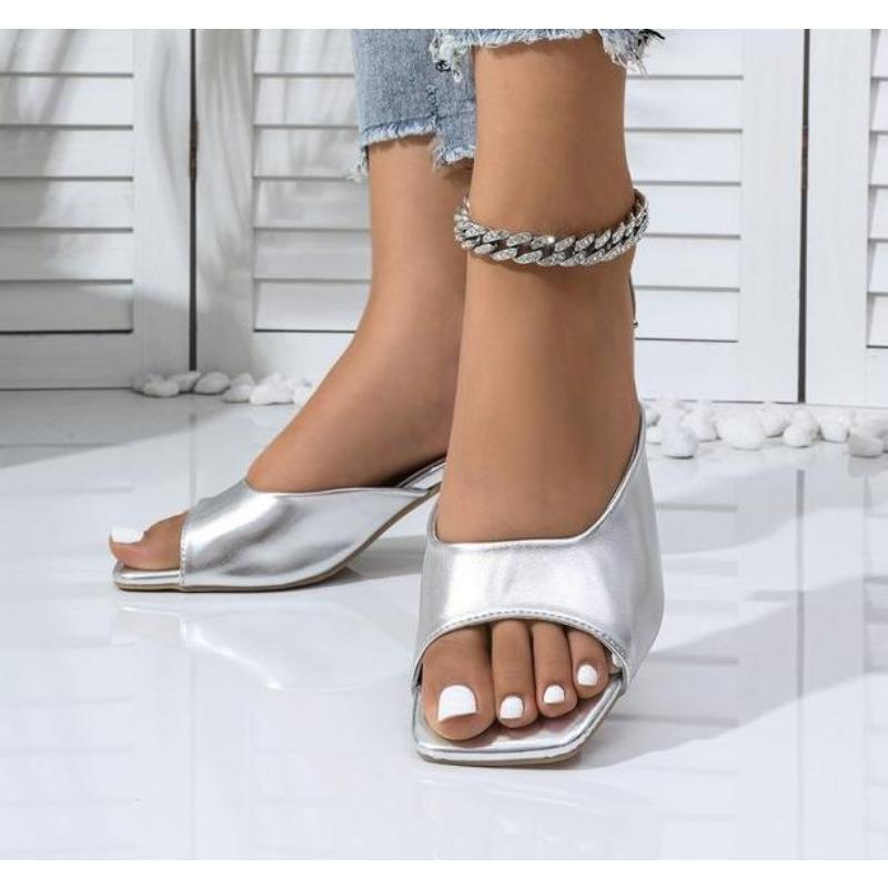 Luxury Gold Silver High Heels Sandals Women 2025 Slip On Square Toe Summer Slippers Woman Plus Size 43 Thin Heeled Party Shoes