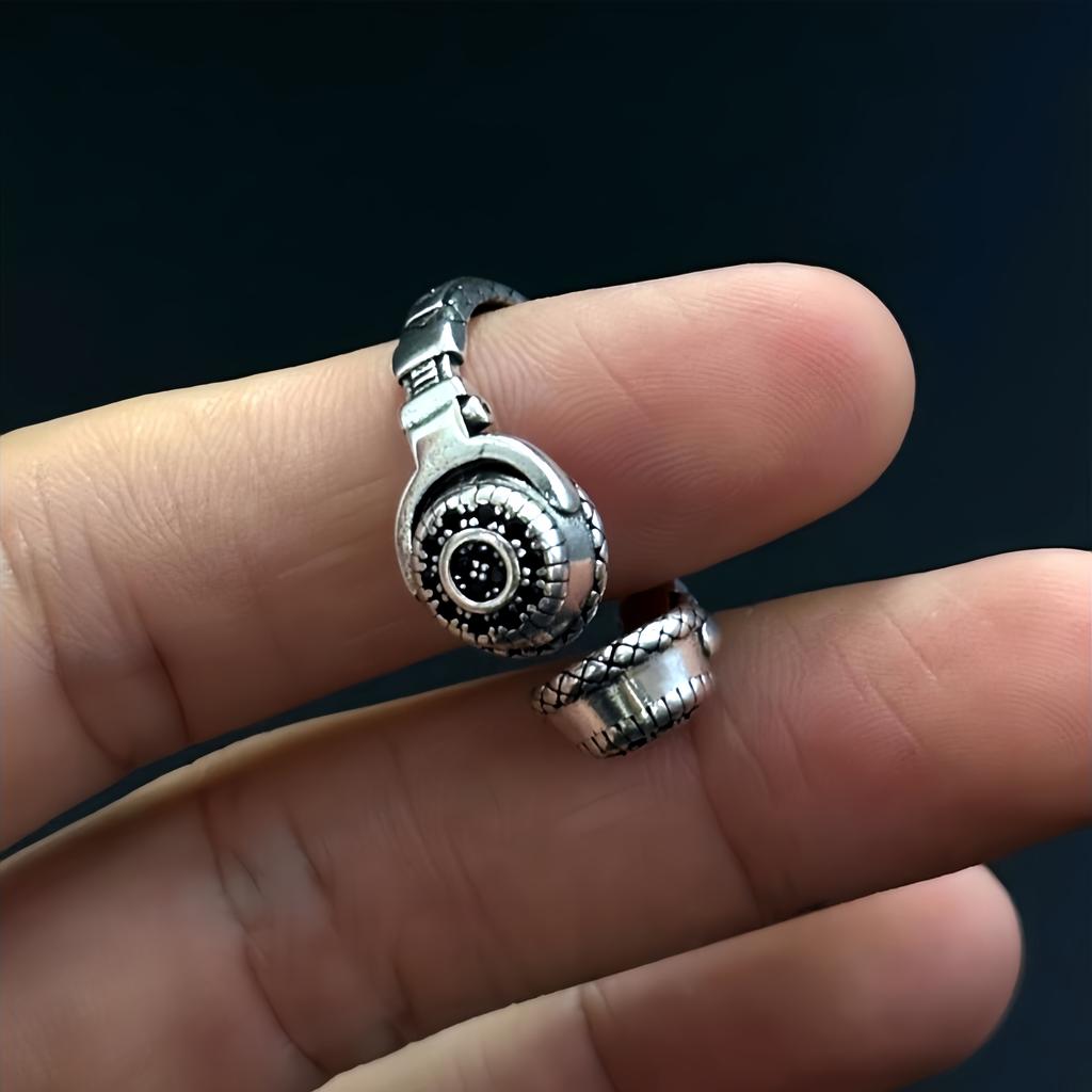 Retro Headphones Adjustable Open Ring For Men Silver-plated Copper Punk Gothic Edgy Jewelry Trendy Accessories Music Lovers Gift