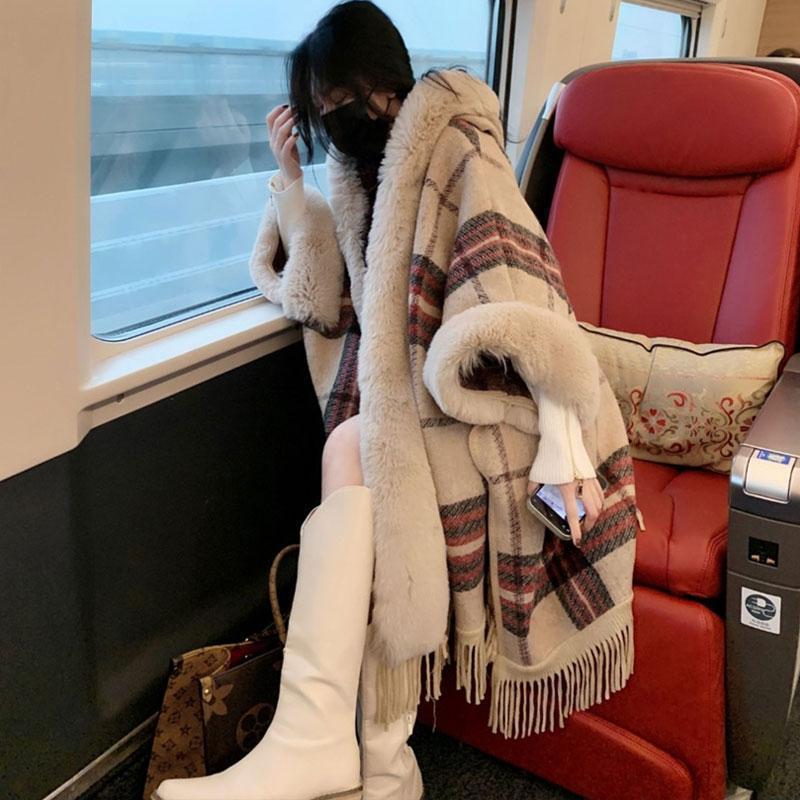 Winter Hooded Large Size Women's Warm Coat Loose Retro Plaid Pike Coat