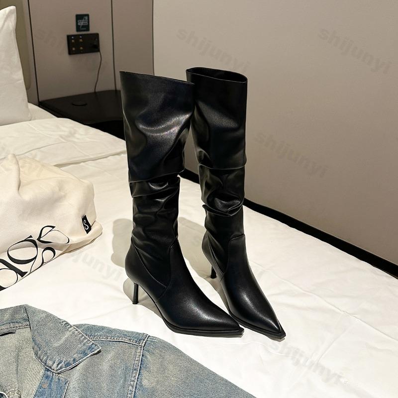 Autumn Women's Boots 2026 New Pointed Toe High Heels Sexy Pleated Thin Heels Female Fashion High Quality Leather Knee High Boots