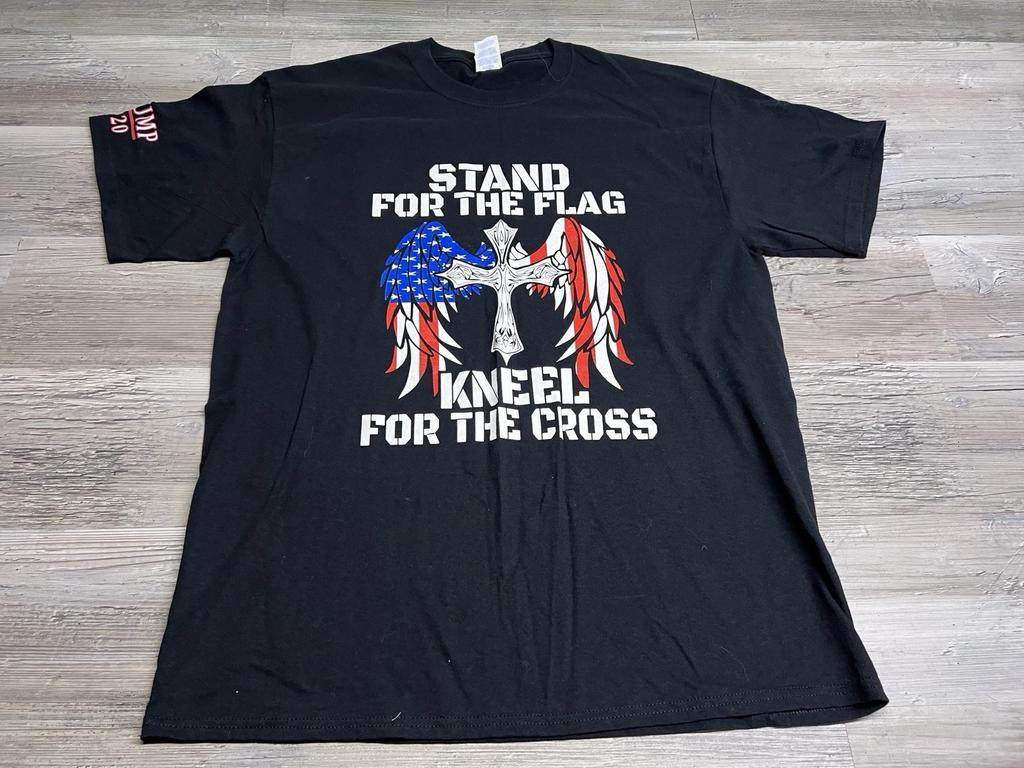 Trump Patriotic T-Shirt Stand For Flag Kneel For Cross Tribal Wings Black Sz L