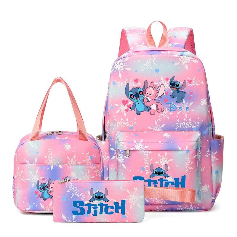 Stitch 3-teiliges Rucksack-Set für Jungen und Mädchen, Rucksack mit Campus-Cartoon-Print, Große Kapazität für Outdoor-Reisen