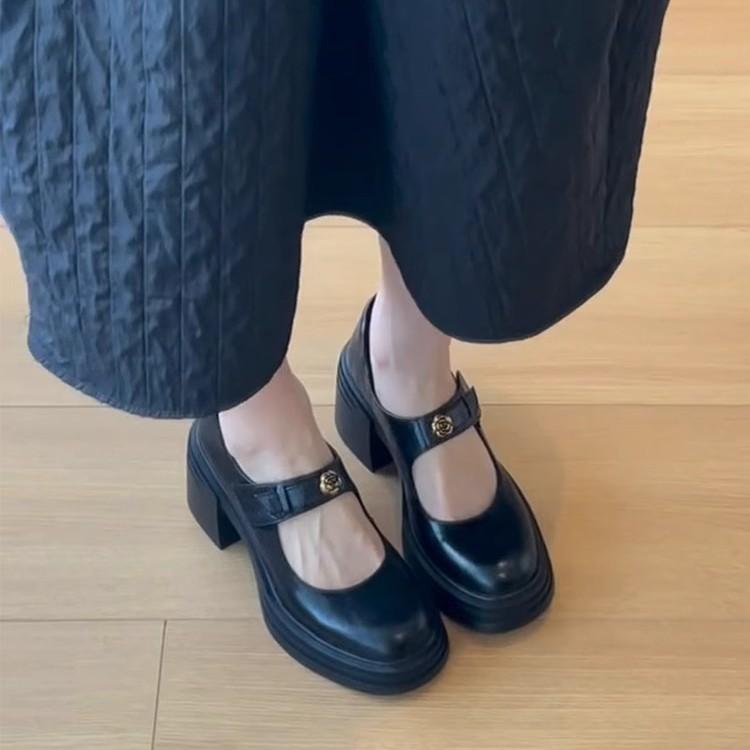 Sheepskin Version~ Temperament High-heeled Mary Jane Shoes Women's Velcro Light Mouth Thick Sole Small Commuter Single Shoes Small Leather Shoes