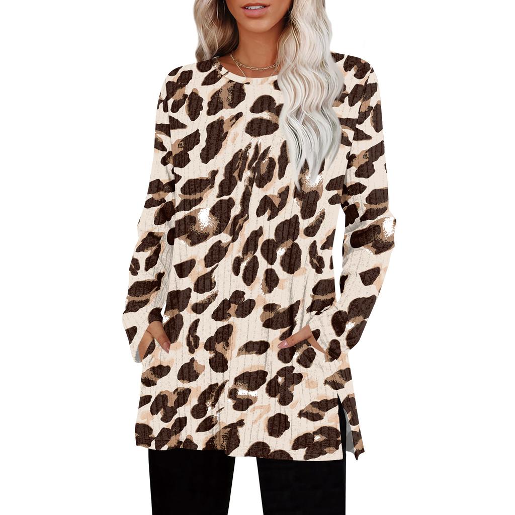 Womens Sweaters Crewneck Long Sleeve Shirts With Pockets Fall Outfits  Fashion Winter Clothing Side Slit