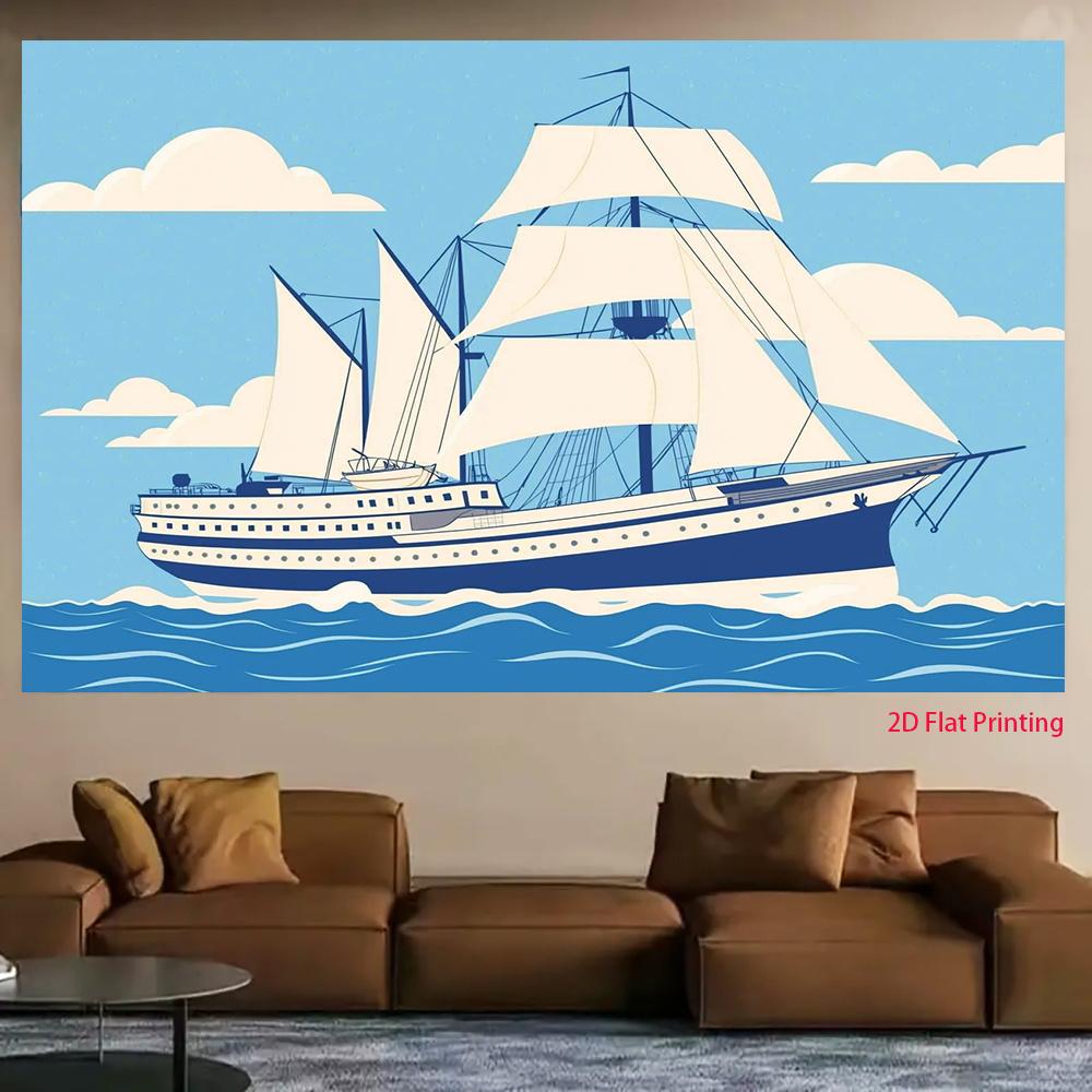 2D plane 1 sailboat sailing under the blue sky and white clouds (as the picture,100x150cm)