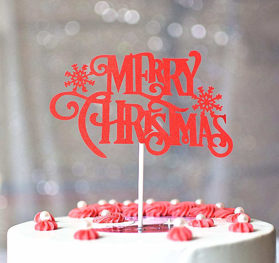 Gold & Green Glitter Merry Christmas Tree Cake Topper Decoration