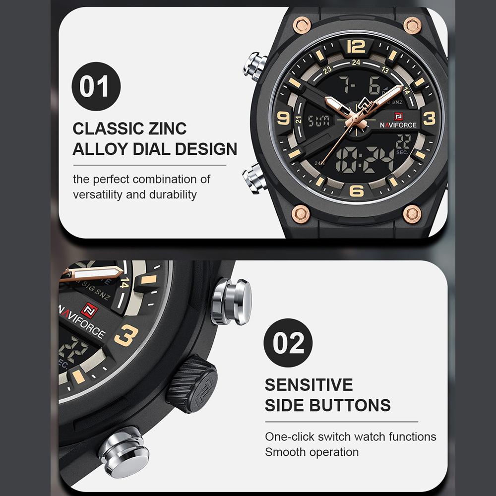 NAVIFORCE Original Men Quartz Watch Calendar Date LCD Display Luminous Pointer Silicone Strap Waterproof 30m Men Casual Fashion Watch NF9265
