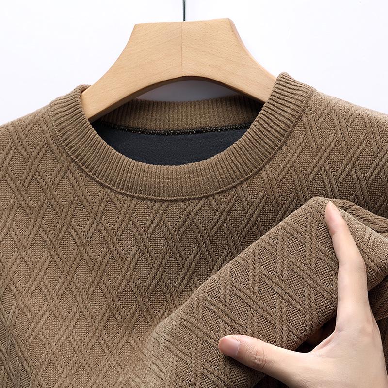 

Men s European Cotton Fleece-Lined Hoodie, Autumn/Winter Jacquard Knitwear, Casual Warm Round Neck Top for Middle-aged Quadruple Extra Large хакі