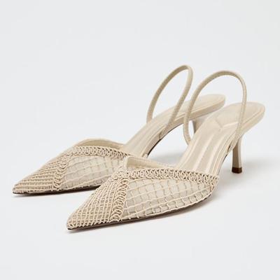 Mesh Woven Design Thin High Heels Women Sexy Pointed Toe Breathable Back Strap Heeled Sandals Elegant Beige Party Dress Shoes