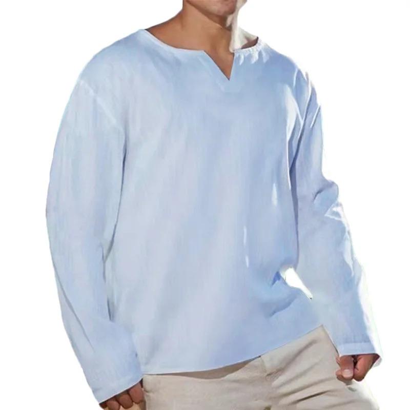 Minimalistisches Langarmhemd für Herren aus Leinen-Baumwollmischung - Atmungsaktiv, mit Schlitzkragen, tief angesetzten Schultern, lockerer Passform, Urlaubs-Freizeit-Oberteile in Unifarben