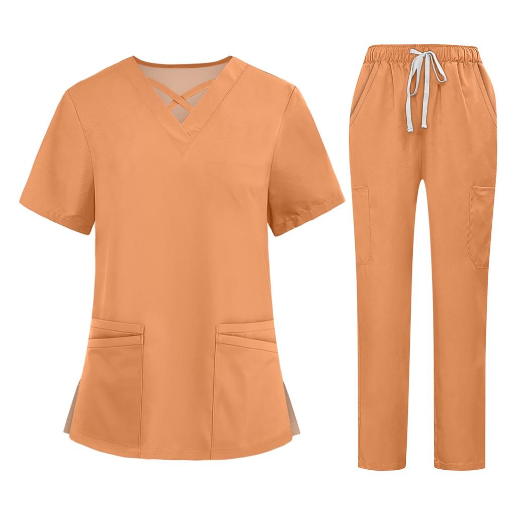 Soild Scrub Working Uniform Suit For Women's Cross V-Neck Short Sleeve Fun T-Shirts Workwear Tee With Pockets