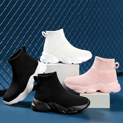 Damen High Top Socken, Sportschuhe, einfarbig gestrickte Ärmel, atmungsaktive Outdoor-Walking-Sportschuhe