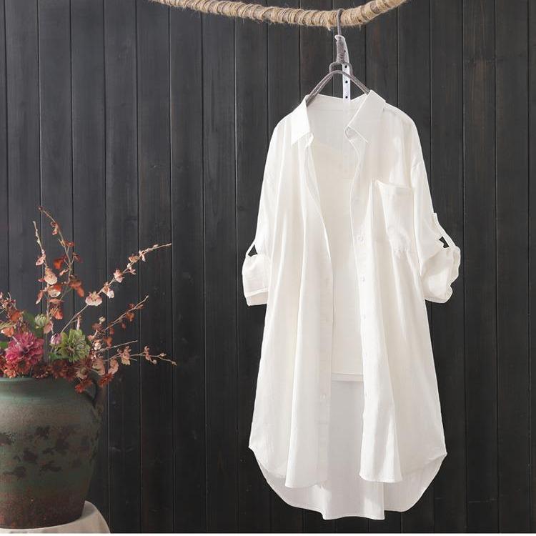 Women's Mid-Length Cotton & Linen Shirt - 2025 Spring/Autumn, Loose, Versatile Long-Sleeve Slimming Top