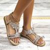 Boho Style Rhinestone Flat Sandals - Slip On Elastic Strap Beach Shoes with Bling Accents