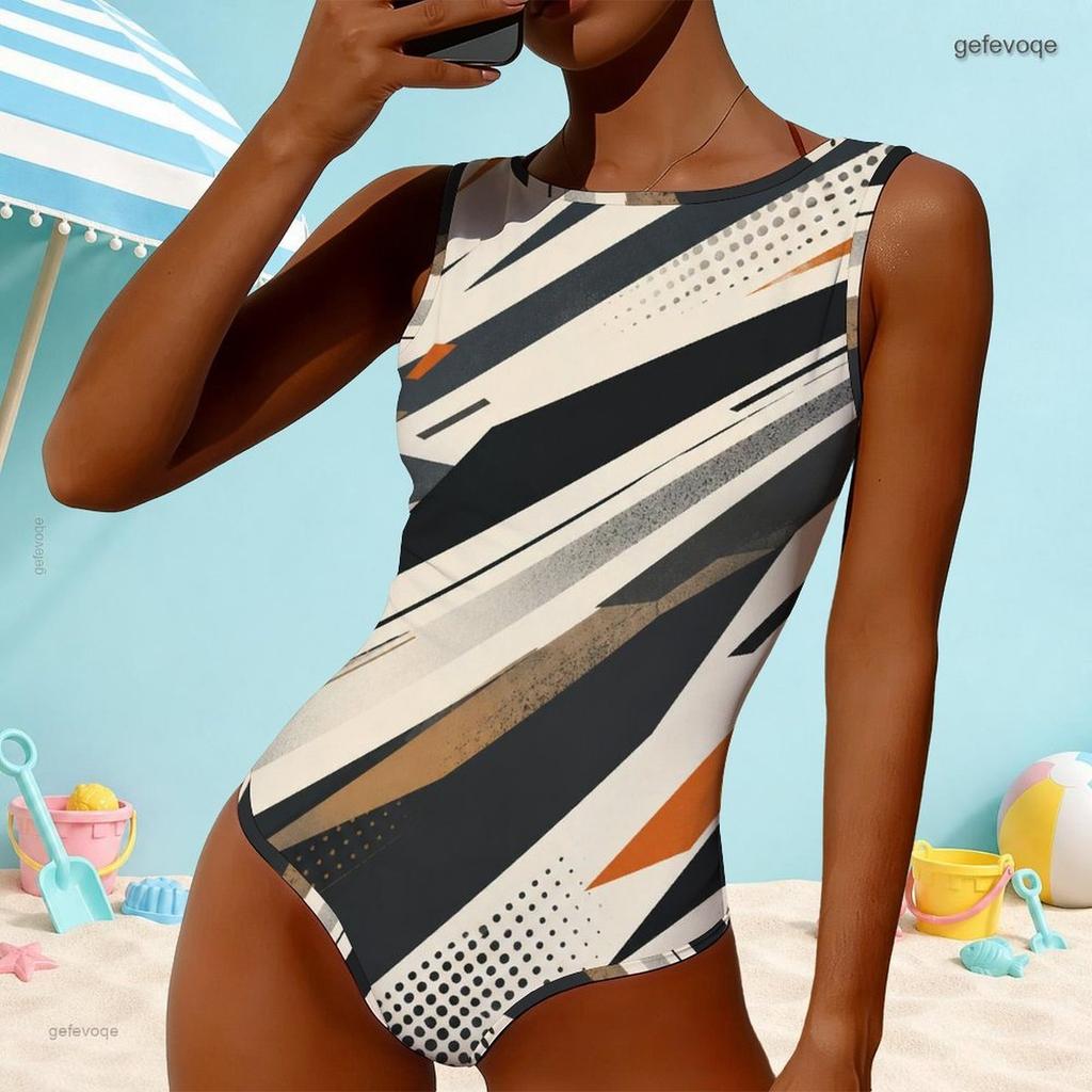 Women Plus Size Geometric Printed High Round Neck Sleeveless One Piece Swimsuit