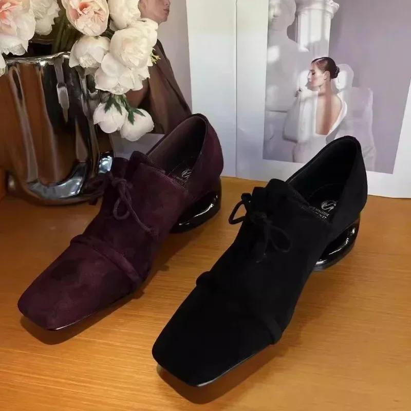 Suede Square Toe Mid Heels Shoes Women Desigenr Chunky Loafers Shoes Trend Fashion Elegant Pumps Dress New Mujer De Zapatillas