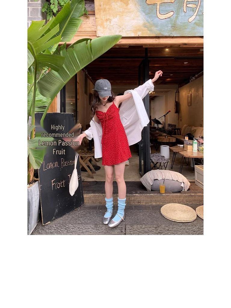 Retro Spicy Girl Red Pleated Spaghetti Strap A-Line Mini Dress - Women's Summer Vacation Slimming Waist Style