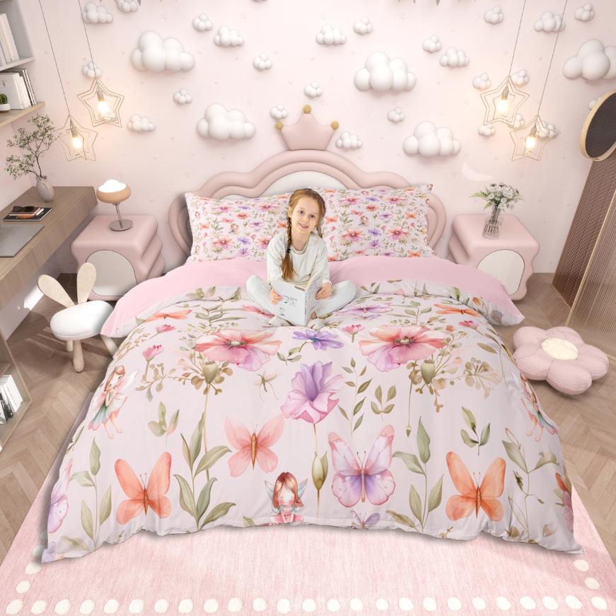 Homewish Cute Cartoon Elf Duvet Cover Set,Chic Flower Floral Bedding Set,Pink Purple White Bed Set For Girls