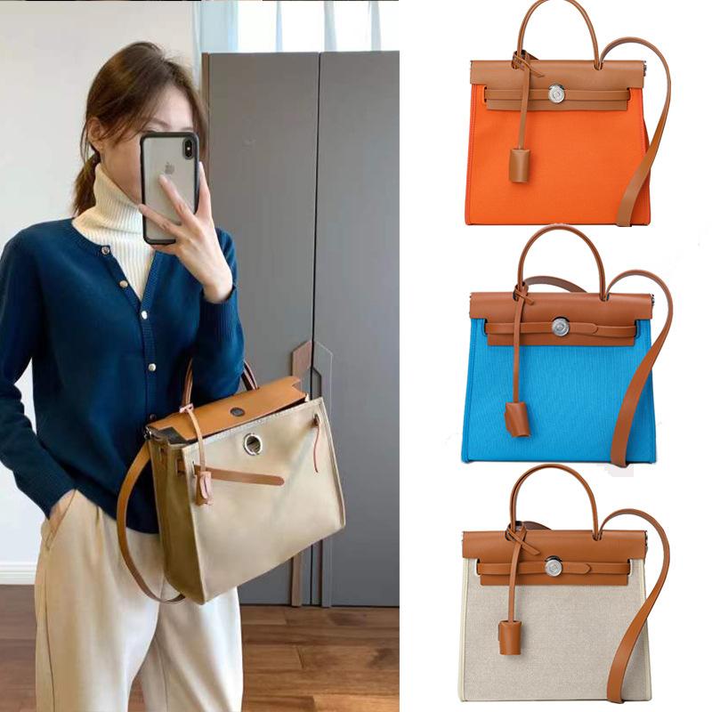 Leather Bag 2022 New Retro Fashion Canvas Kelly Bag Design Sense Contrasting Color Shoulder Messenger Bag Women's Bag