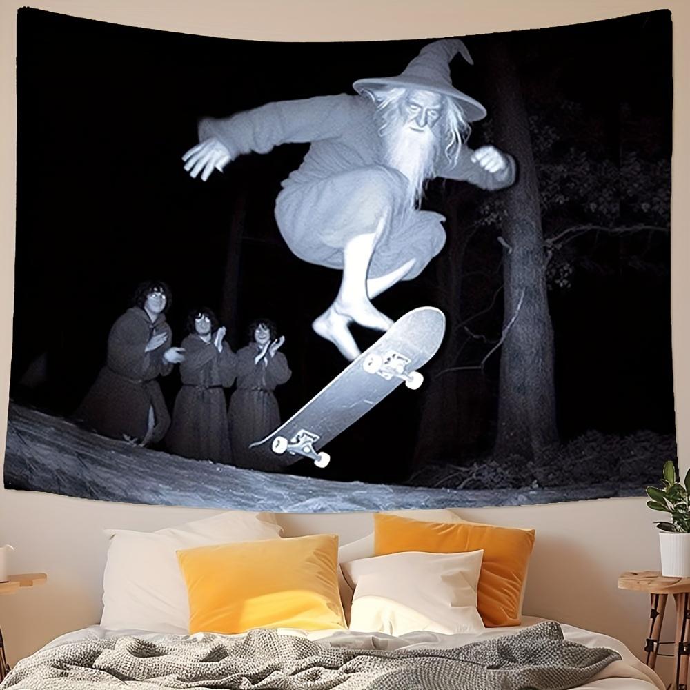 The Lord of the Rings Gandalf Skateboarding Fun Tapestry Retro Black and White Mock Print Hanging Cloth Room Decoration