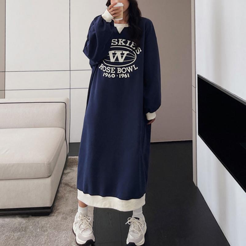 Autumn Winter Fashion Print Letter Fleece Long Dresses Women Round Neck Loose Casual Versatile Warm Simple Long Sleeve Dress