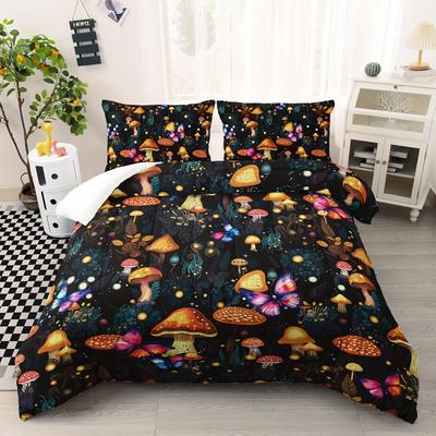 Mushroom Comforter Sets Natural Wild Fungus Bedding Sets Botanical Plants Duvet Set with 3D Printed Bedding