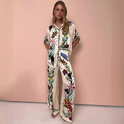 2025 New European and American Graffiti Printing Satin Short-sleeved Lapel Shirt + Trousers Casual Two-piece Set