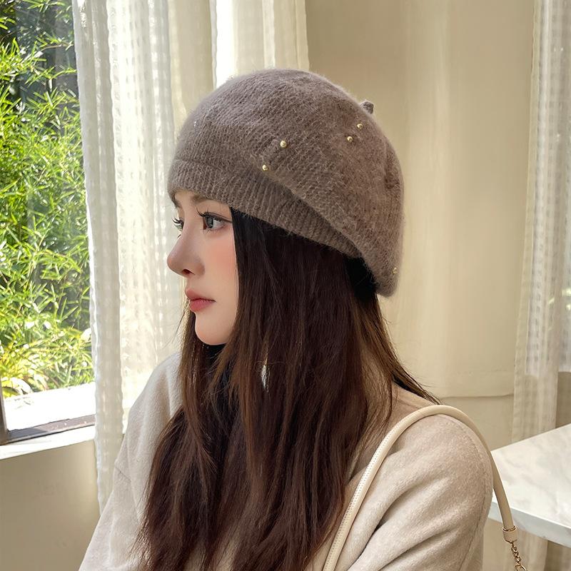Winter Warm Cap Thermal Hat Women Beret Elastic Knit Solid Color Soft Thick Windproof Decorative