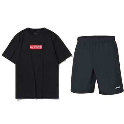 Li-Ning Solid Color Logo Print Round Neck Pullover Short Sleeve T-Shirt Quick Dry Fitness Running Sports Shorts Casual Sports Suit AHSS481-1+AKSS985-1