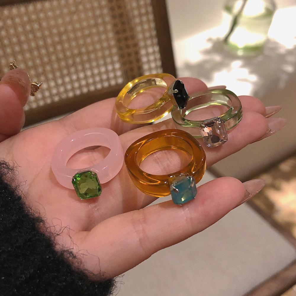 Retro Cool Rhinestone Women Irregular Girls Resin Rings Transparent Geometric Finger Ring