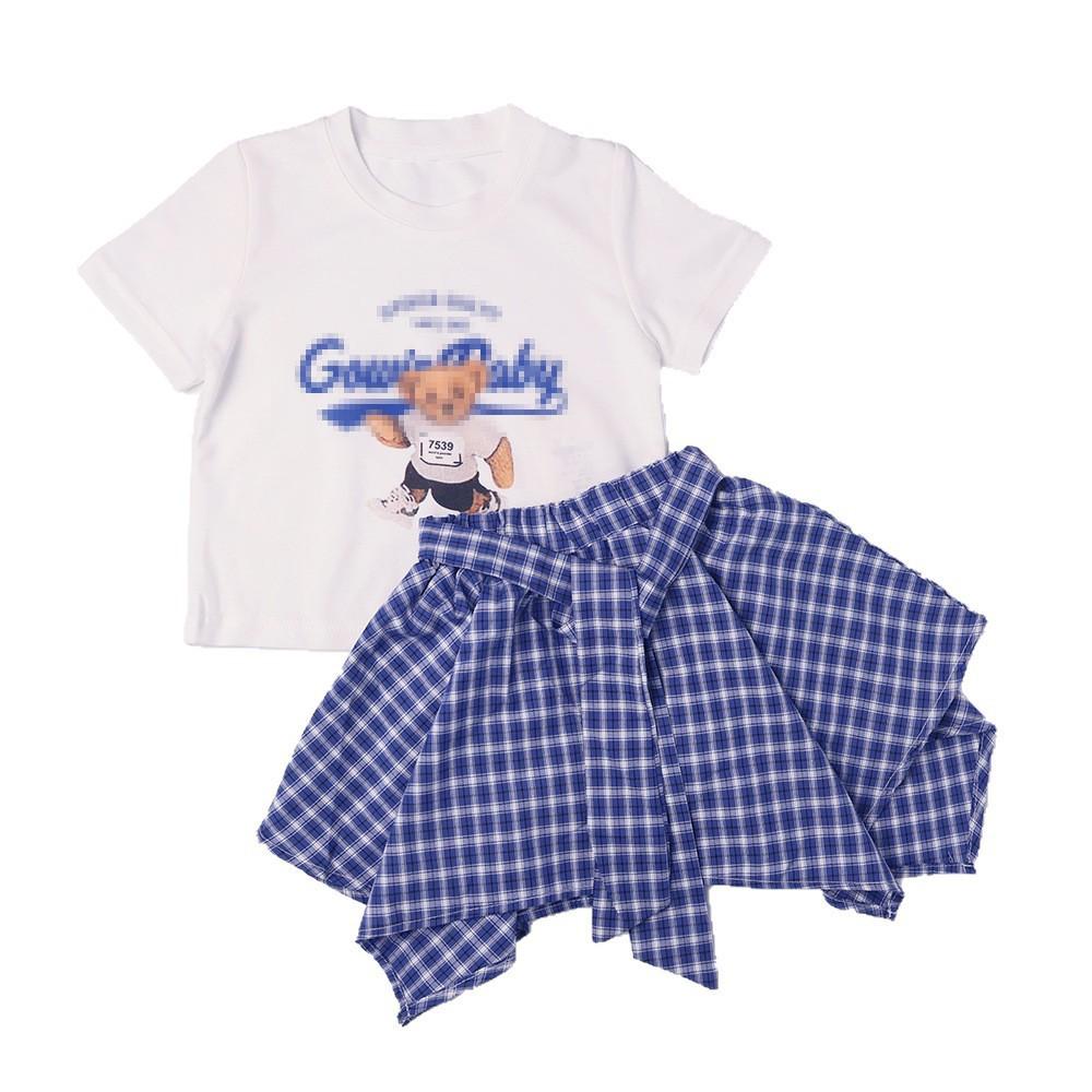2025 Korean Style Girls' Summer Set: Short Sleeve T-shirt & Irregular Plaid Skirt Pants