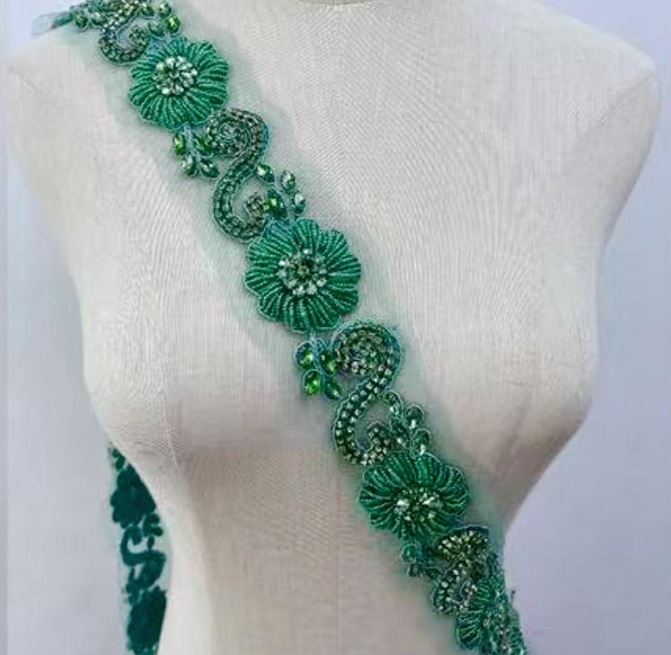 RM-801 Handmade Rhinestone Lace Trim Applique Sequin Beaded Trim for Dress