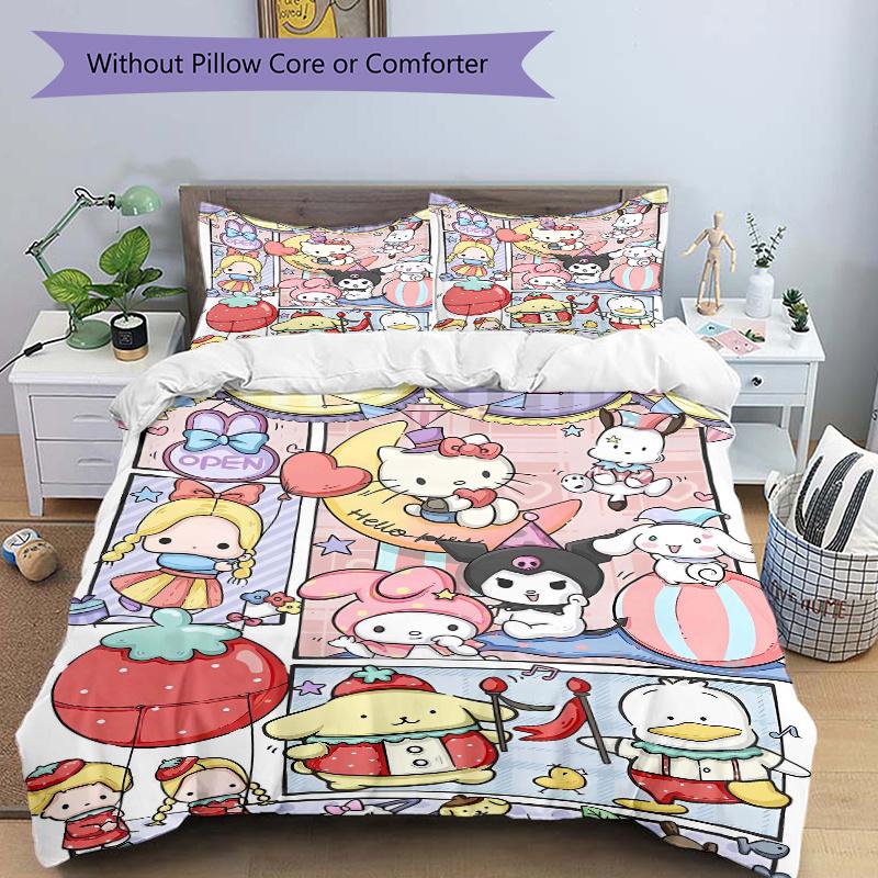 3pcs Carnival Celebration Hello Kitty and Friends Printed Bedding Set, Soft and Comfortable Quilt Cover for Bedroom, Guest Room (Not Included).S002