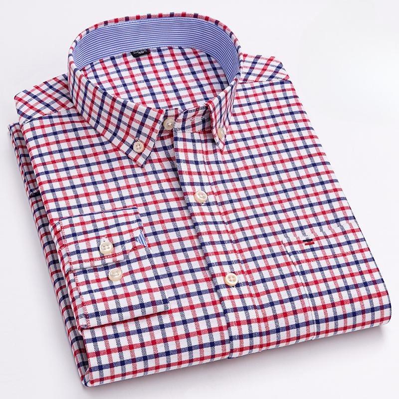 Oxford Herrenhemden Langarm Kariert Weich Reguläre Passform Formelles Hemd Tasche Gesellschaftsbluse Herrenkleidung S-7XL 39