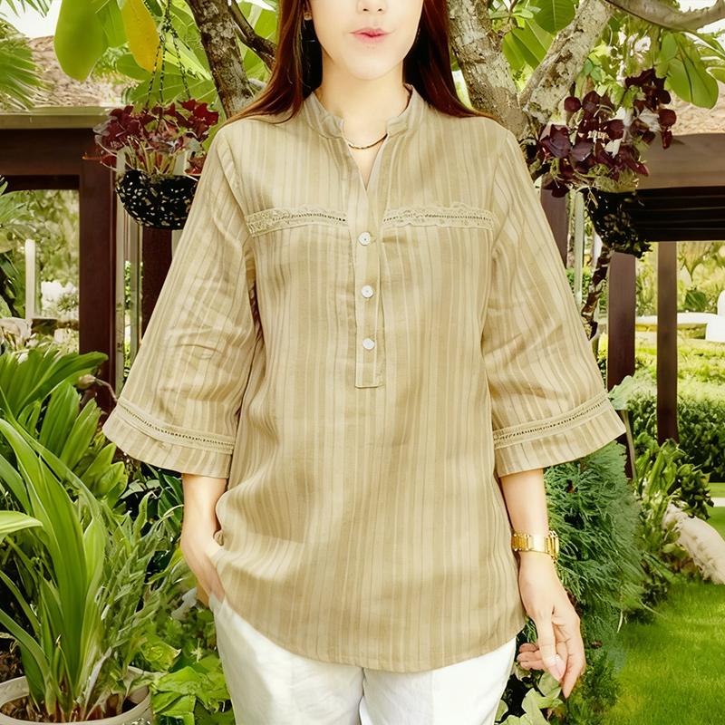 

ZANZEA Женская повседневная блузка с V-образным вырезом, рукавом 3/4 и свободной полоской 5XL хаки