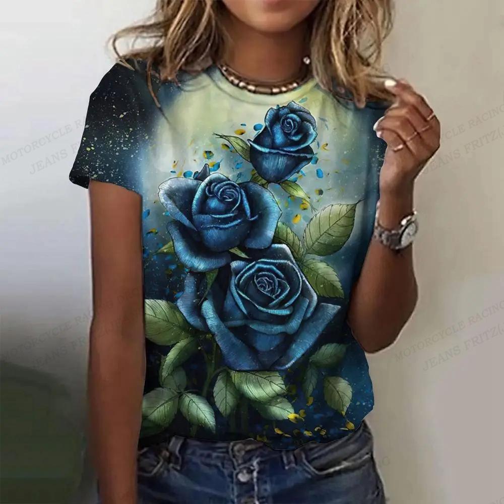 Summer Women's T-shirt Gold Rose 3D Printed T-shirt Women's Fashion T-shirt Round Neck Short Sleeve T-shirt Flower Top Tees Harajuku