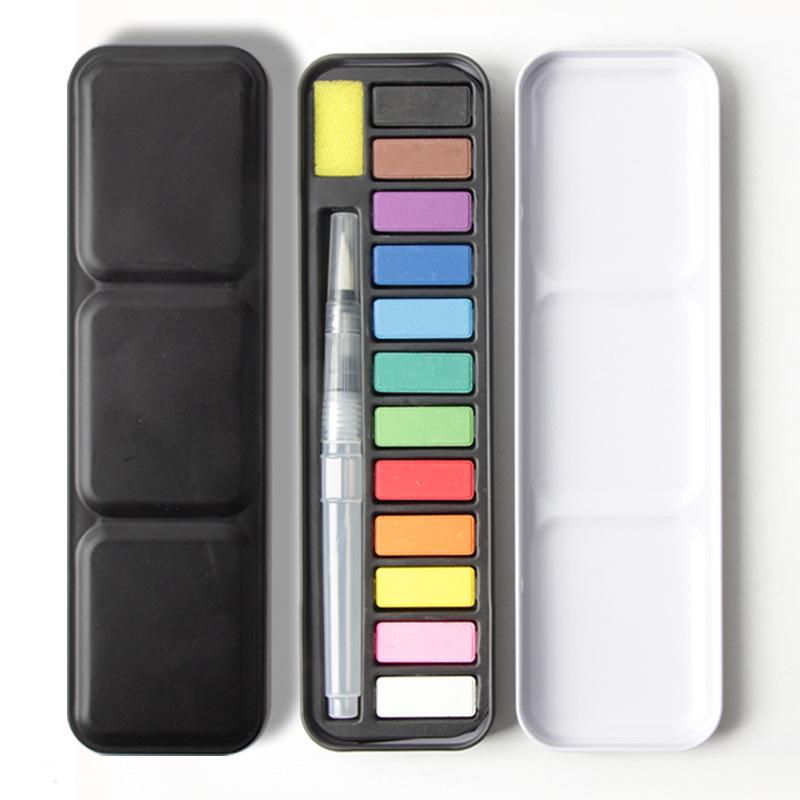 12-Color Solid Watercolor Paint Set with Black Iron Box and Water Brush