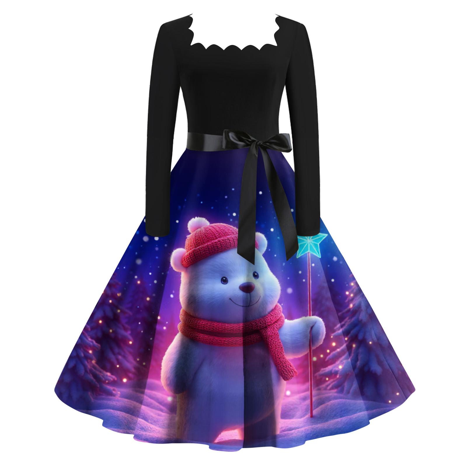 

Женское модное ретро вечернее платье с длинным рукавом, квадратным вырезом и рождественским принтом M фиолетовый