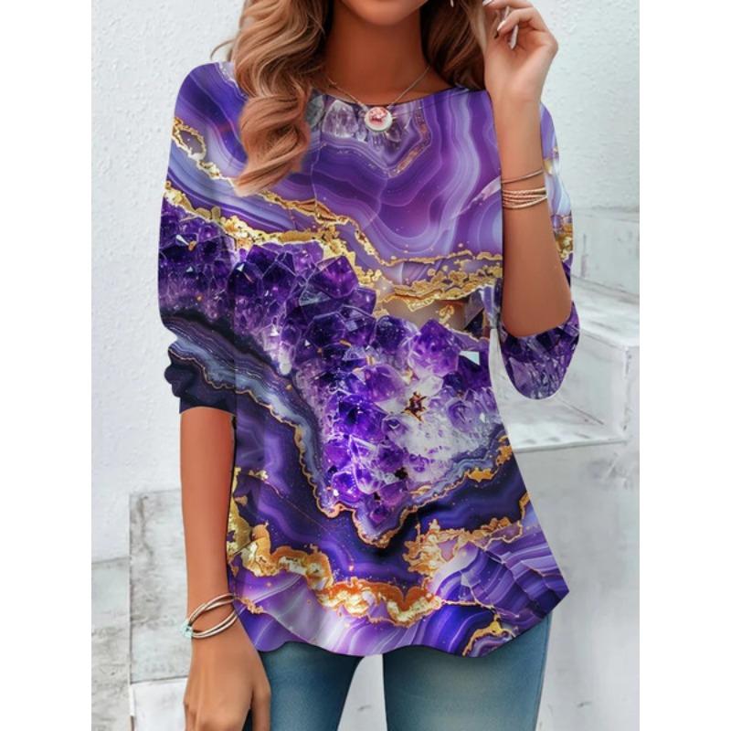 Round Neck 3D Printed Top Colorful Fashionable Casual Long Sleeved Women's T-shirts