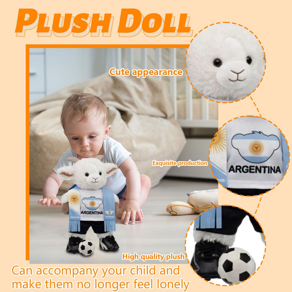 Plush Football Doll Argentina Soccer Theme Stuffed Toy Figure Soft Goat Mascot with Scarf and Ball for Home Decoration Gift