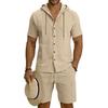 Men's Linen Hooded Shirt & Shorts Cardigan Set with Work Pants - Two-Piece Set in Stock.