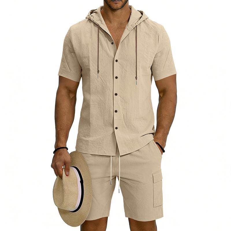 Men's Linen Hooded Shirt & Shorts Cardigan Set with Work Pants - Two-Piece Set in Stock.
