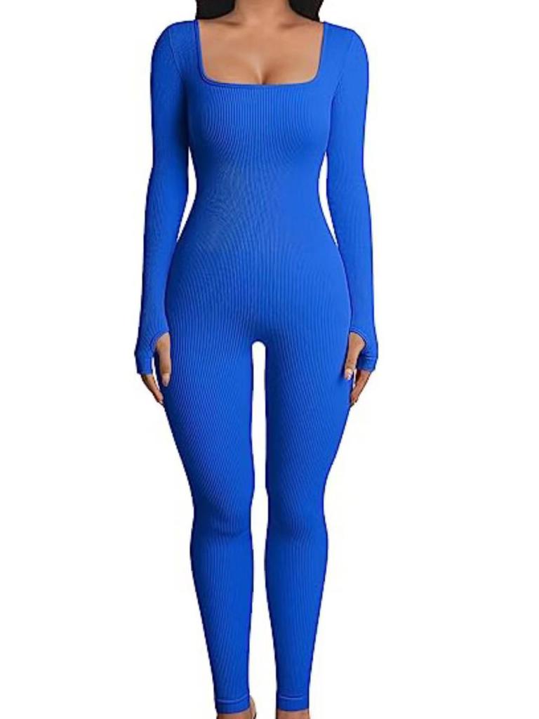New Women's Ribbed Square Neck Bodysuit Sexy Slim Fit Jumpsuit, Stretchy Figure-Hugging Romper with Long Sleeves, Trendy Solid Color Outfit