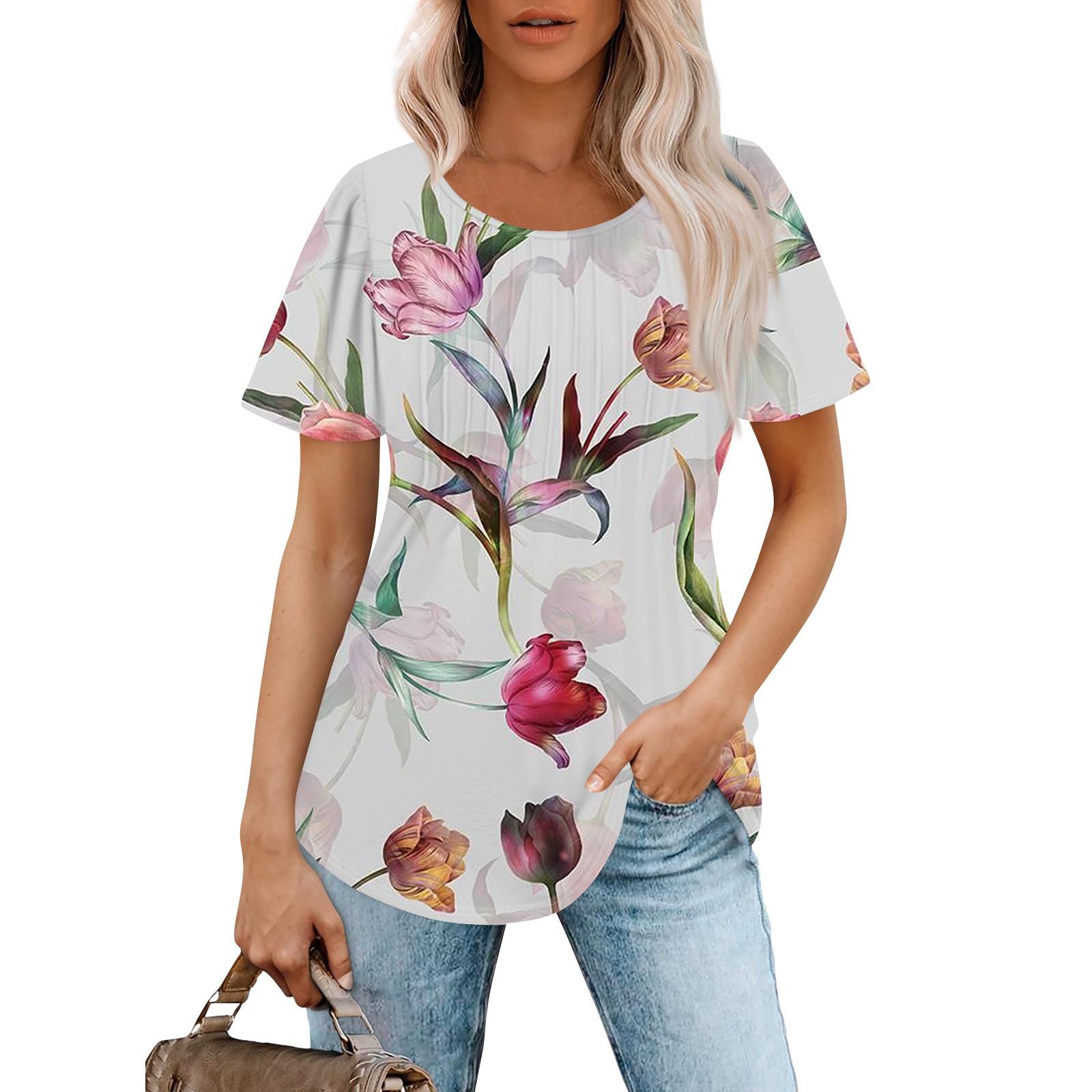 

Жіноча модна повсякденна футболка з круглим вирізом із квітковим принтом і короткими рукавами XL