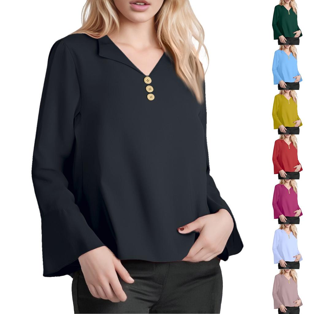 Women's Fashion V-Neck Ruffle Long Sleeve Shirt Solid Color Button Top