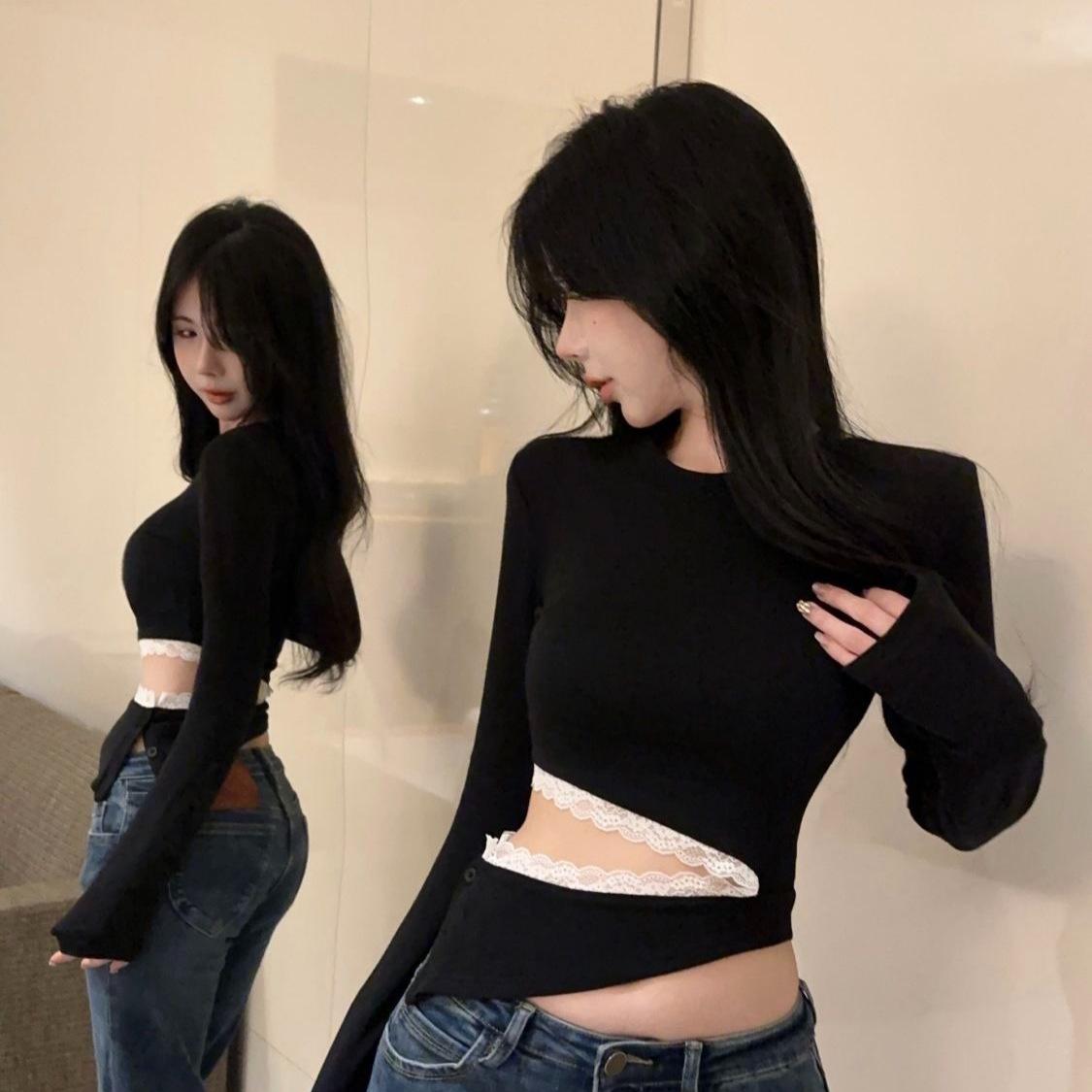 

Lace Trim Patchwork Cropped Long Sleeve Top - Sexy Midriff-Baring Design Medium