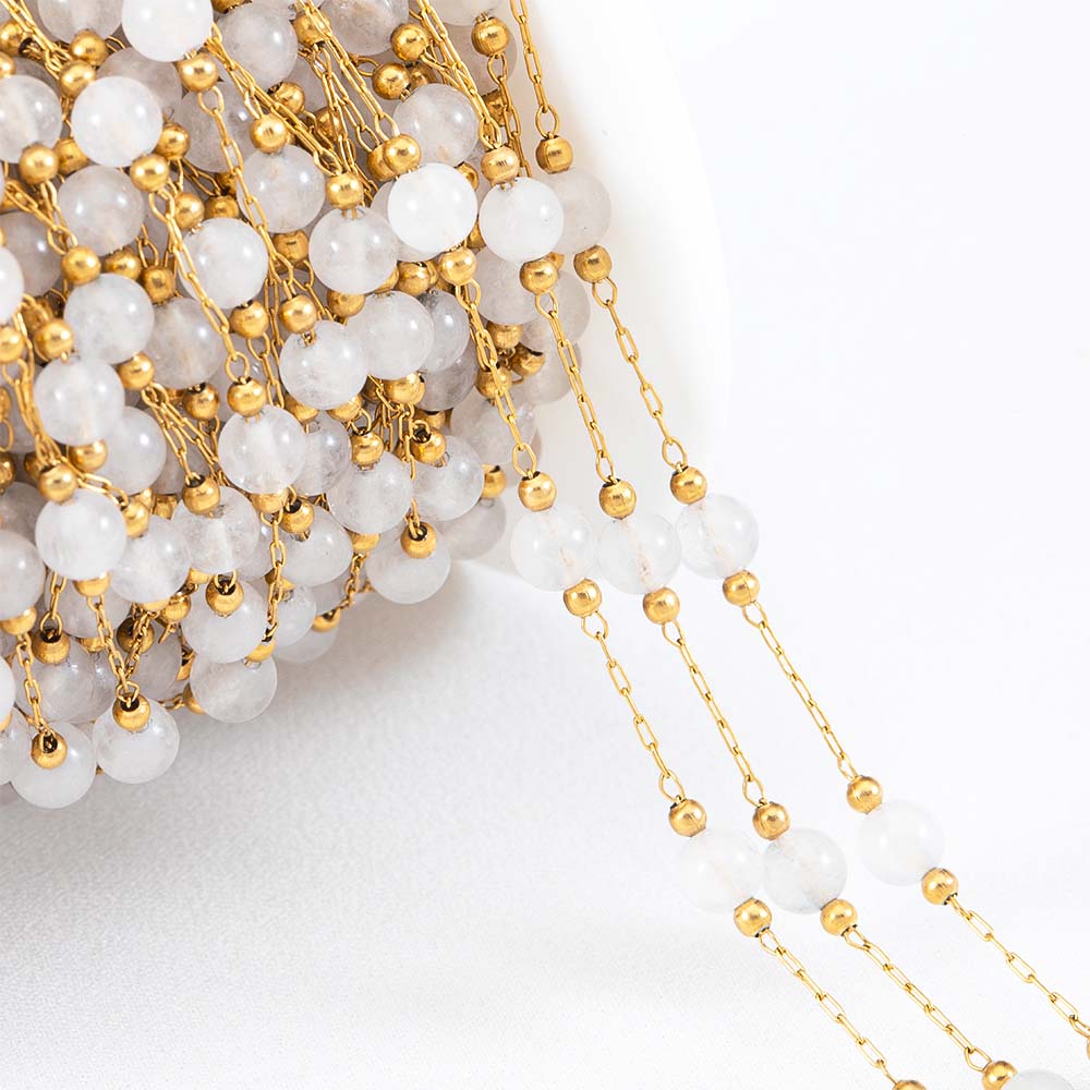 1M Stainless Steel Beaded Chain Elegant White Glass Flat Beads Gold Color Chains for DIY Women Necklace Bracelets Jewelry Making